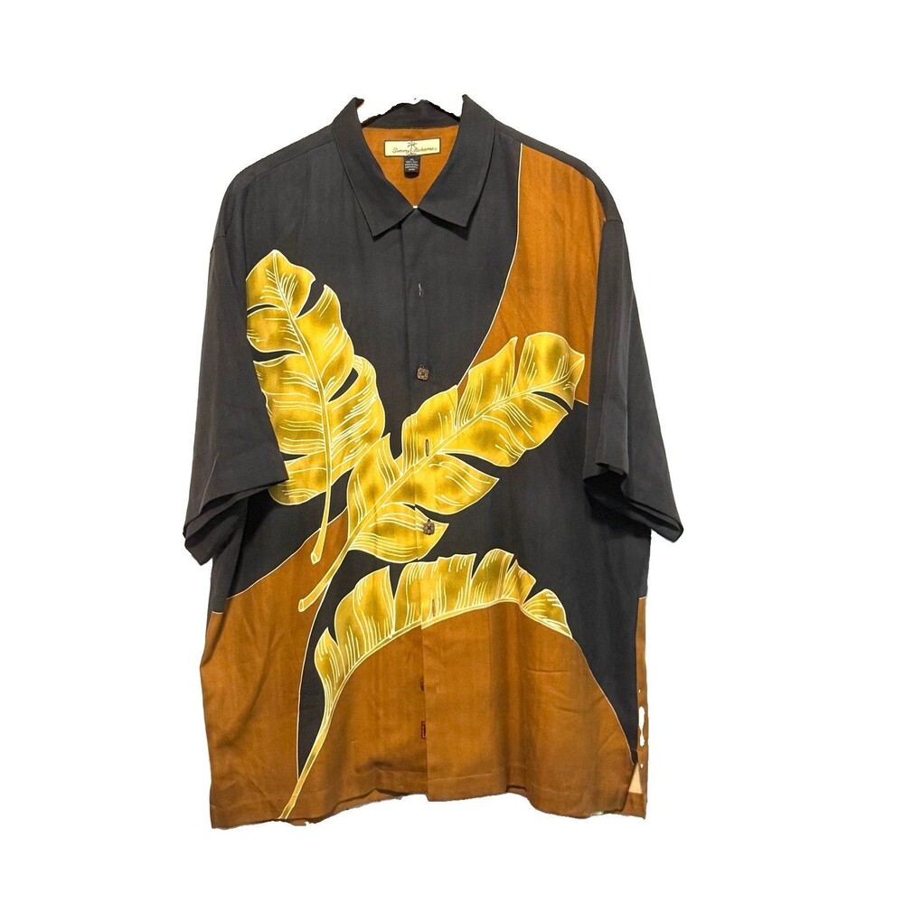 Tommy Bahama Shirt Mens XL 100% Silk Black Brown Yellow Palm Leaf Camp Button Up